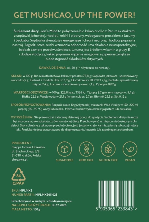 Kakao MUSHCAO z Soplówką Jeżowatą - Lion's Mind (+Grzyby i Rośliny Witalne) 150 g