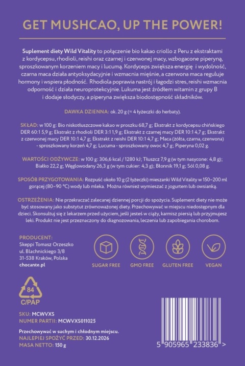 Kakao MUSHCAO z Kordycepsem - Wild Vitality (+Grzyby i Rośliny Witalne) 150 g